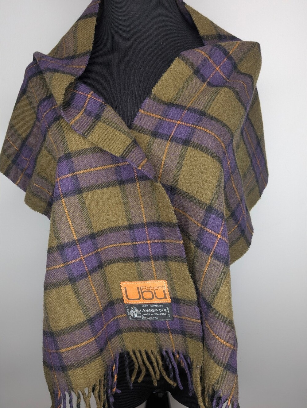 Robert Ubu Vtg 100% Pure Lambswool Fringed Scarf Purple Green Gold Black 61"x12"